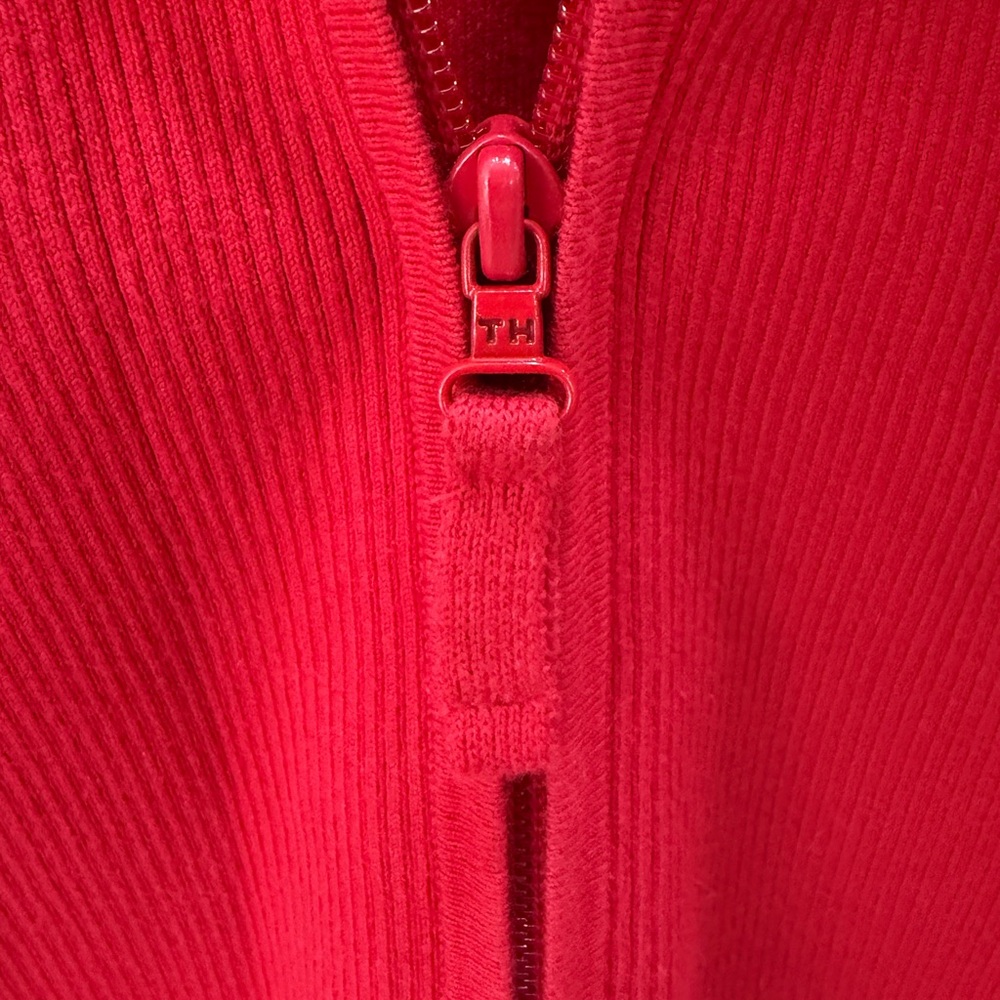Tommy Hilfiger Ribbed Red Knit full zip up hoodie sweater Slim fit EUC - Picture 7 of 13